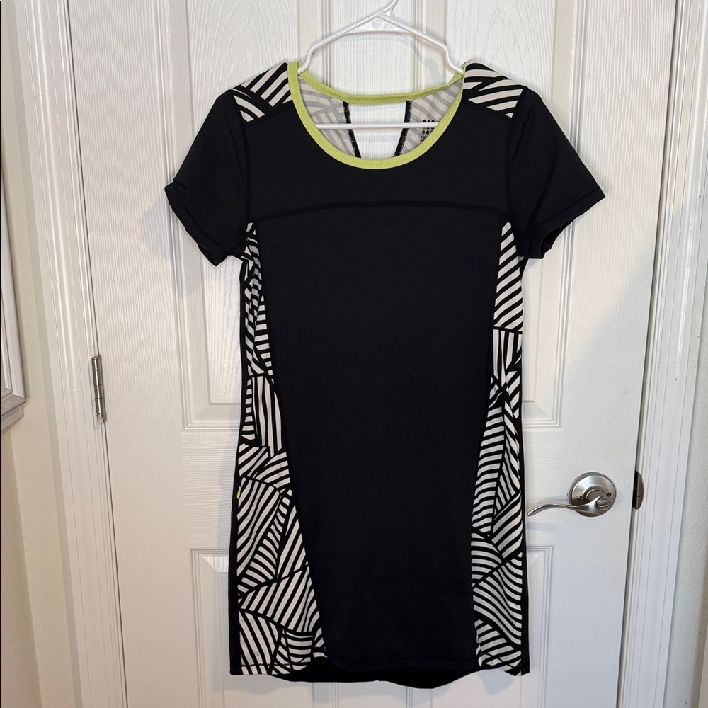 Title nine Black Dress with White Graphic Panels and Lime Neck Trim